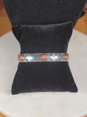 Silver Cuff Bracelet with Orange Cabochons